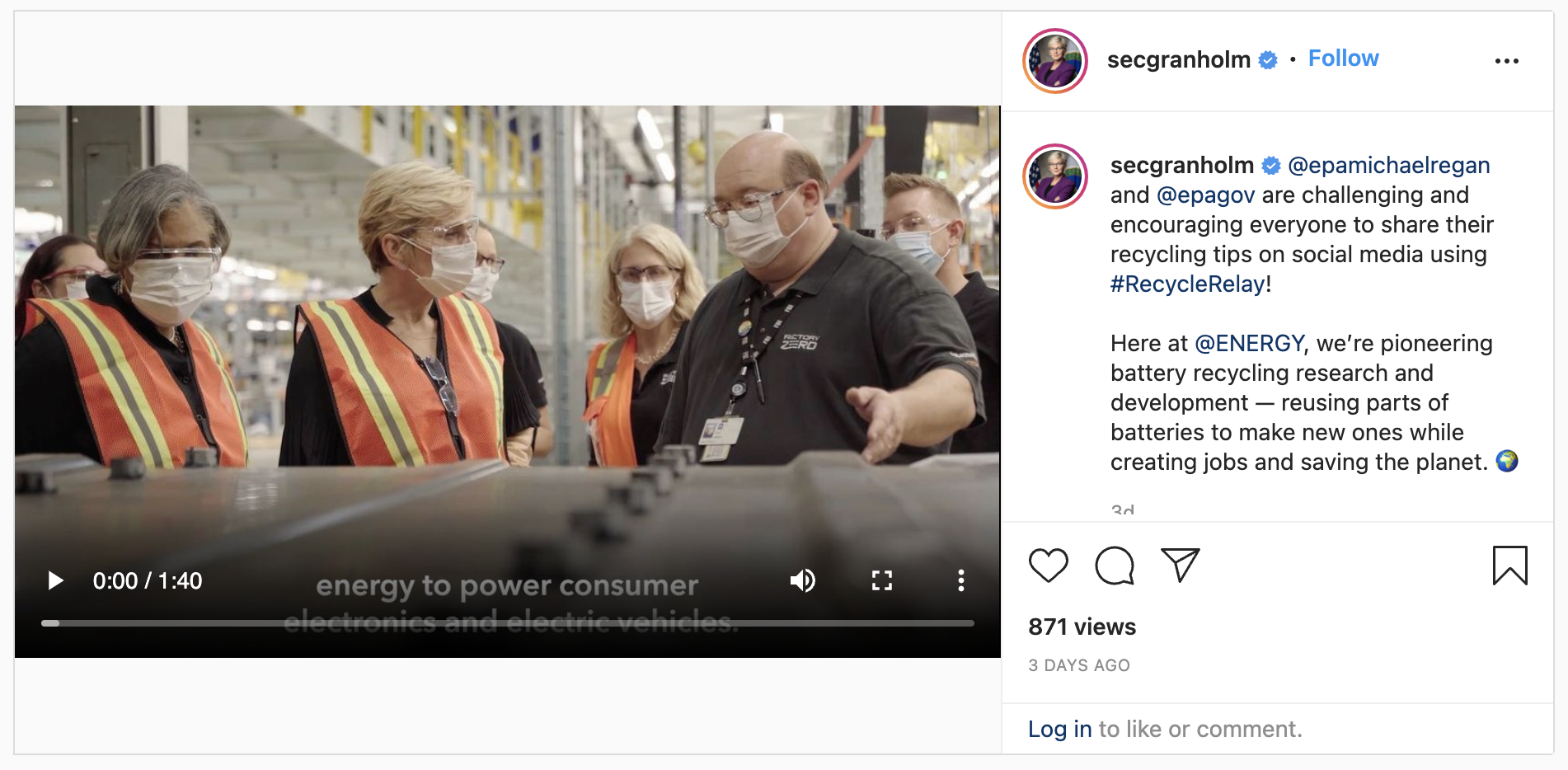 Instagram post from Secretary Granholm about battery recycling